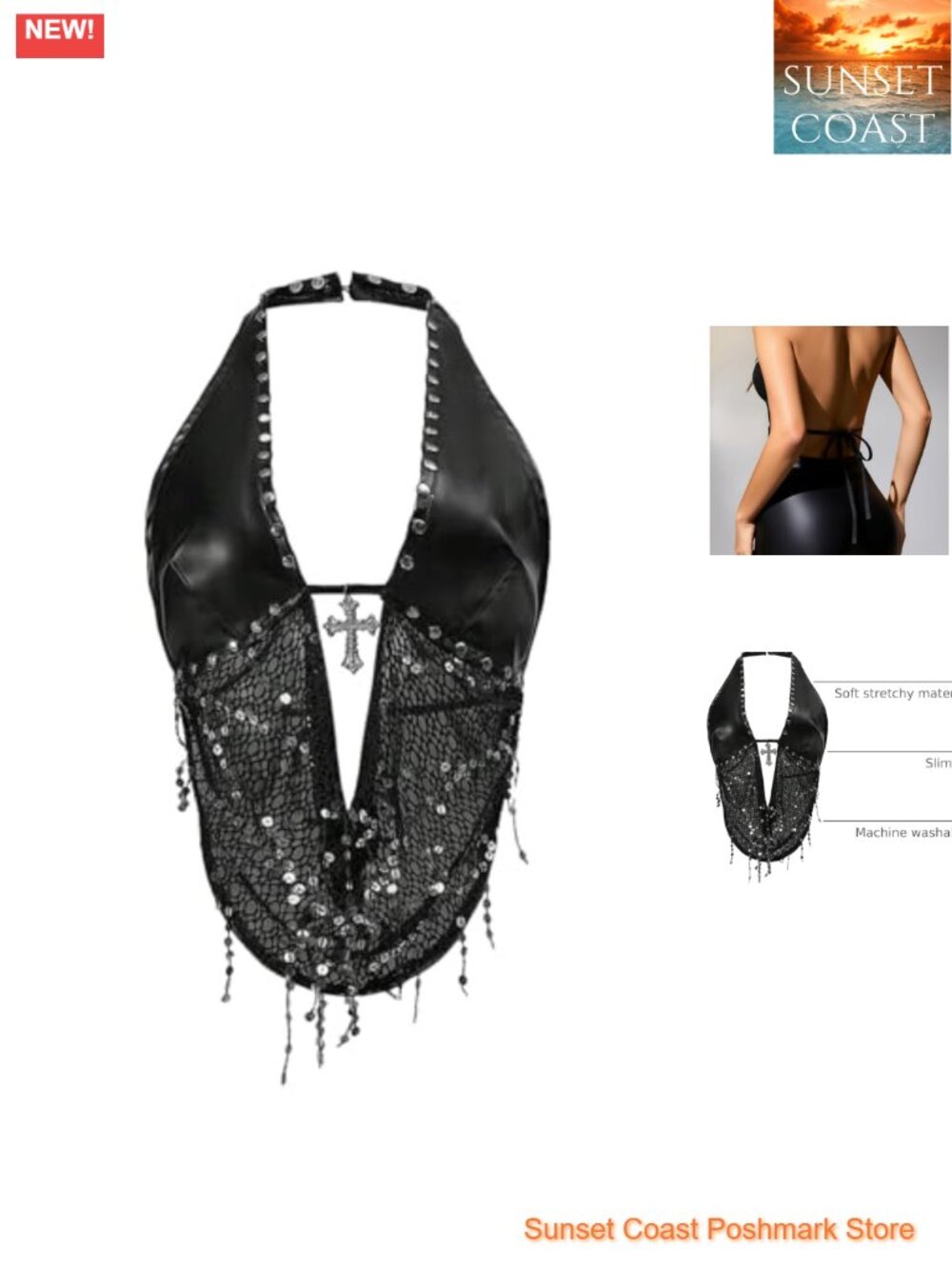 Y2K Rave Halter Crop Top Sequin Backless Sleeveless Clubwear